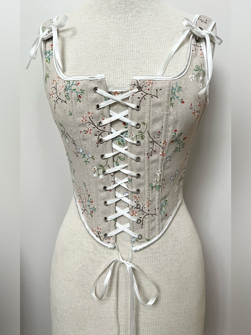 Cottagecore Linen Blend Lace Up Corset Tank Top Floral Bustier Size M